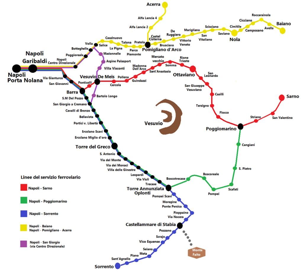 מפה של circumvesuviana הרכבת מסלול